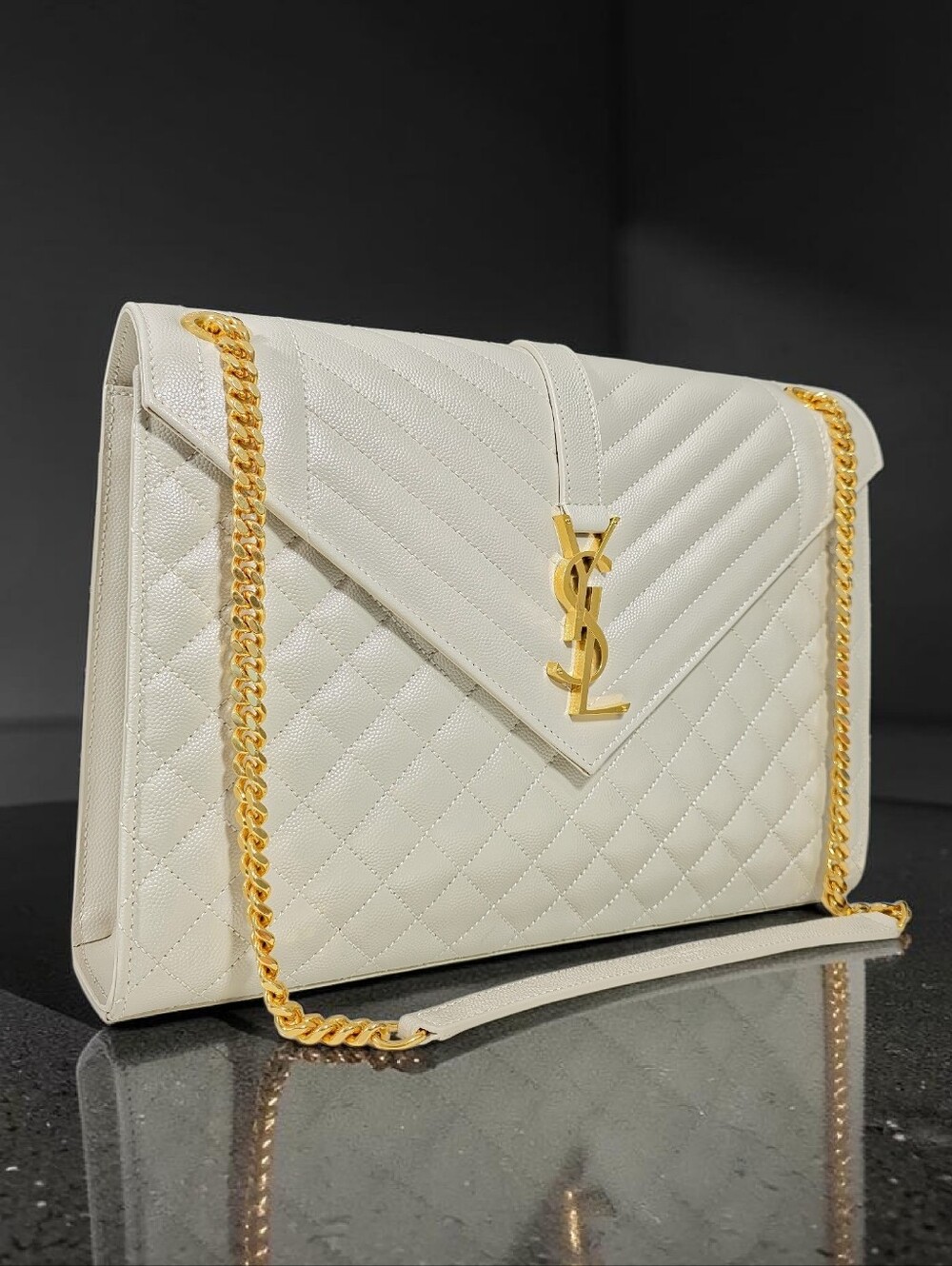 Saint Laurent Large Envelope Triquilt in Grained ivory Leather Gold Hardware - Picture 14 of 16